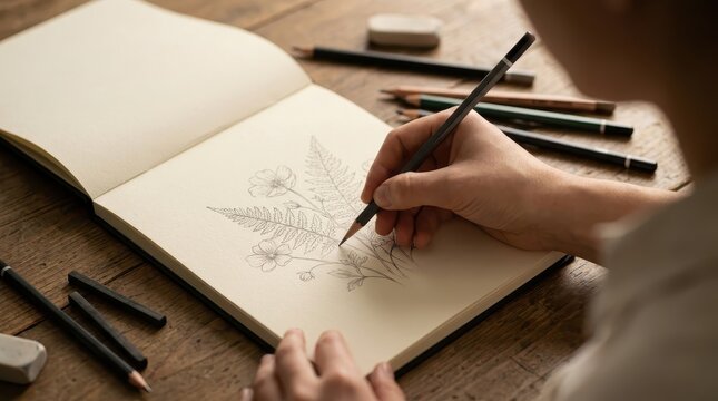 Artist drawing floral botanical sketch in sketchbook with graphite pencil