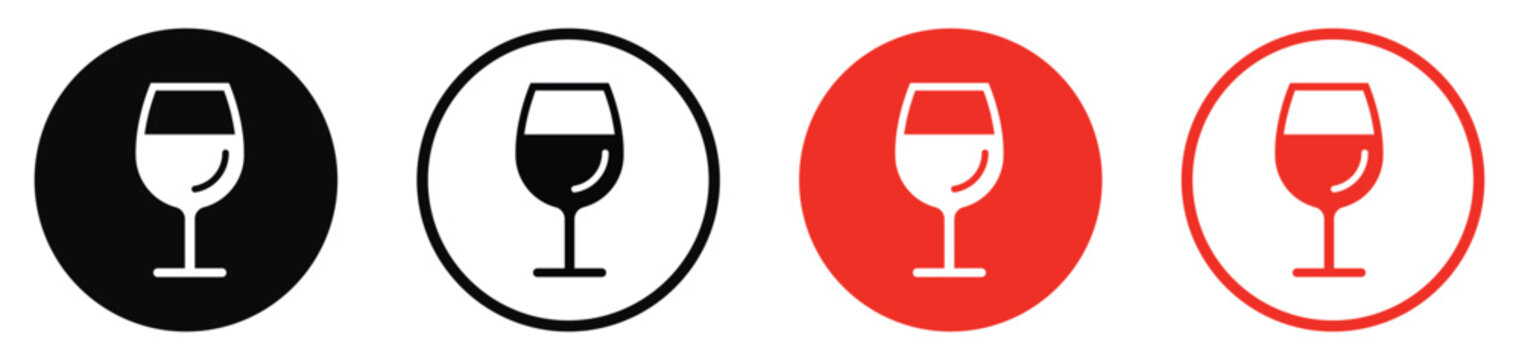 Wine glass icon vector set, drink glass symbol in black and red round badges, clean flat vector design for restaurant logos, beverage menu icons, and mobile app UI elements.