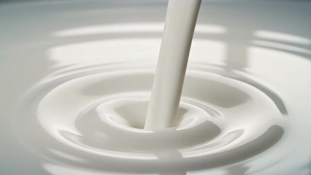 Closeup video of pure milk cascading in a smooth, elegant ribbon from above, suspended in the air as if weightless