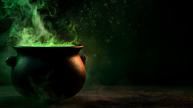 Horizontal stock image of a black cauldron bubbling with glowing green smoke on the left side, dark background with floating magical light specs, wide text area on the right.