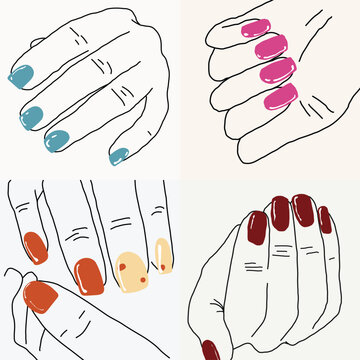 Colorful manicure hands set with different nail polish styles vector illustration