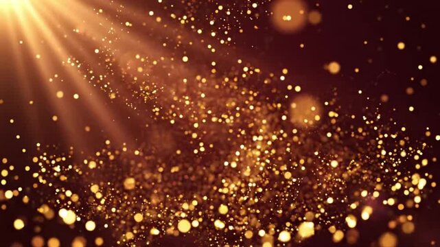 Abstract festive composition with hundreds of tiny golden particles swirling through the air, dark burgundy background, dramatic light rays, elegant Christmas atmosphere.