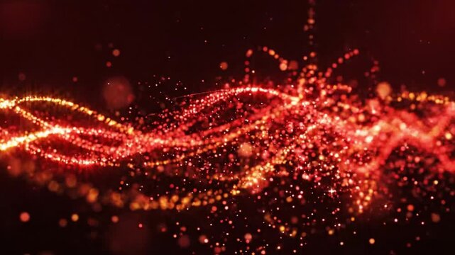 Abstract Christmas background with glowing red and gold light trails creating elegant curves, dark background, soft particles, sophisticated festive atmosphere, cinematic composition.