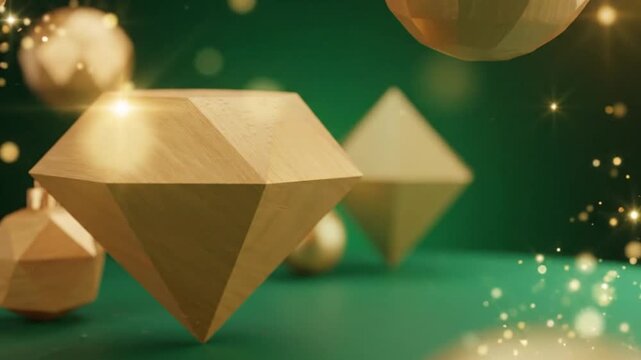 Modern abstract Christmas composition with geometric golden shapes, emerald green gradients, subtle shadows and glowing highlights, contemporary luxury holiday design.
