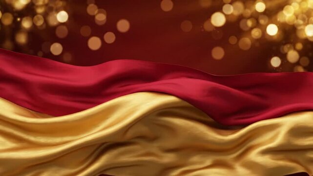 Elegant abstract holiday background featuring flowing satin-like red and gold waves, soft studio illumination, luxurious textures, sophisticated Christmas atmosphere.