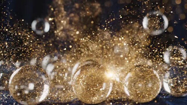 Abstract New Year celebration with shimmering champagne-gold particles floating around translucent glass spheres, dark elegant background, soft reflections, luxurious festive mood.
