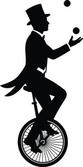 Silhouette of professional circus performer riding unicycle and juggling balls, vintage gentleman wearing top hat isolated on white background © MdJafrul