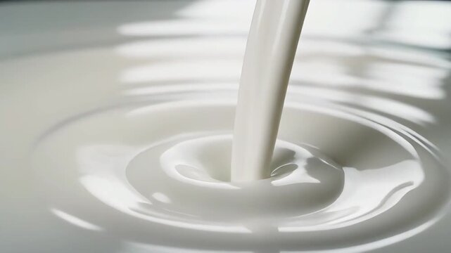 Close-up cinematic video of pure milk cascading in a smooth, elegant ribbon from above, suspended in the air as if weightless