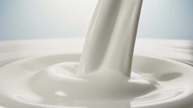 Close-up cinematic shot of pure milk cascading in a smooth, elegant ribbon from above, suspended in the air as if weightless