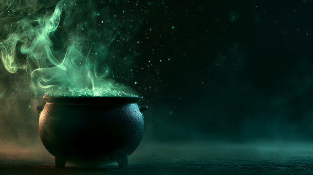 Horizontal stock image of a black cauldron bubbling with glowing green smoke on the left side, dark background with floating magical light specs, wide text area on the right.