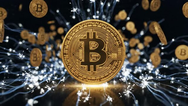 Golden bitcoin cryptocurrency rising with digital data flow, abstract financial technology background, for blockchain and, crypto trading