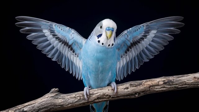 parakeet with open wings close up isolated on black background video