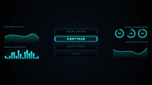 Futuristic UI game menu interface with digital glowing charts graphs and buttons on dark background