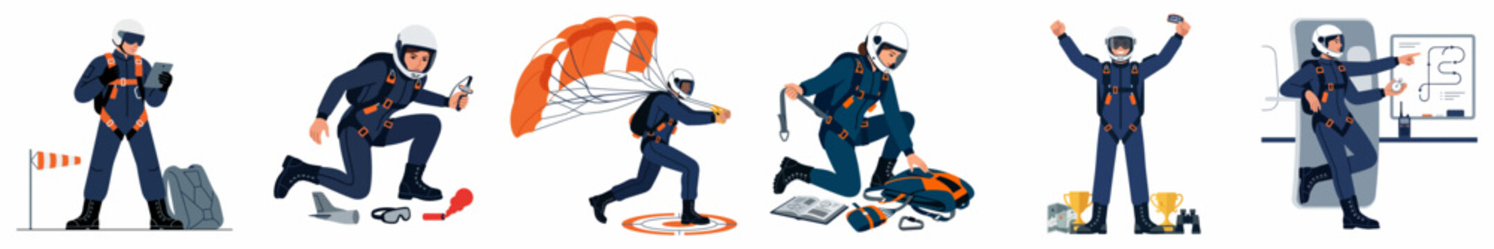 Collection of illustrations featuring a professional skydiver in various poses, including landing, gear preparation, celebrating a victory, and multitasking at a workstation.