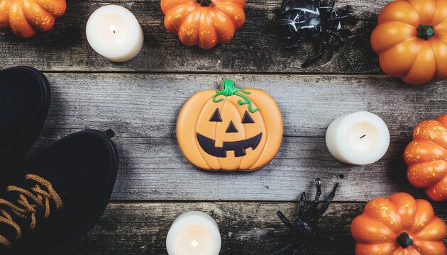 カボチャのアイシングクッキーとキャンドルのハロウィンセット（スイーツ, お菓子, かぼチャ, ろうそく, クモ, 飾り, フラットレイ, 背景素材） / Pumpkin cookie with candles on wooden background