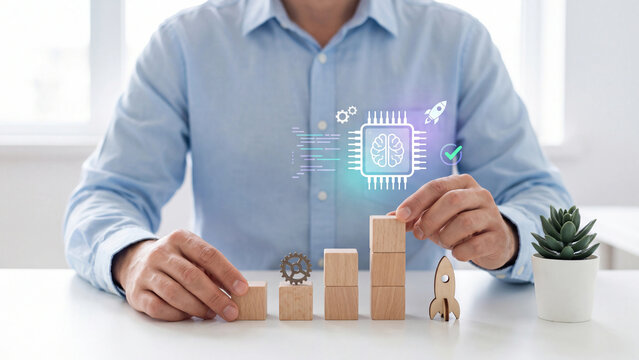 AI business startup and technology progress concept, businessman stacking wooden cube steps with gear, rocket and AI brain chip for digital transformation, automation boost and startup launch