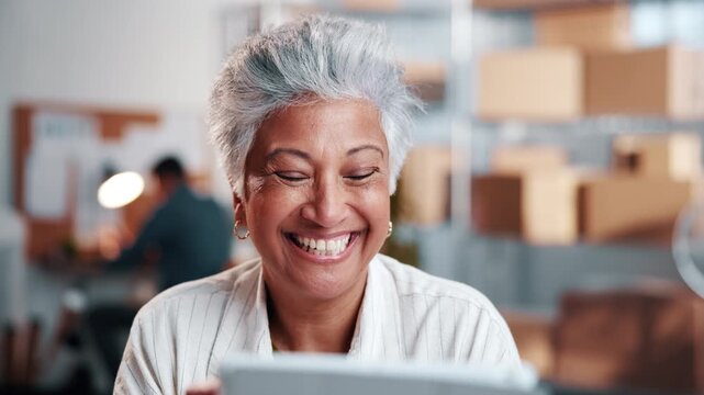Happy, woman and ecommerce startup with tablet, laugh and confirm order for stock control. Mature person, review and website in office with digital, inventory availability and catalog for delivery