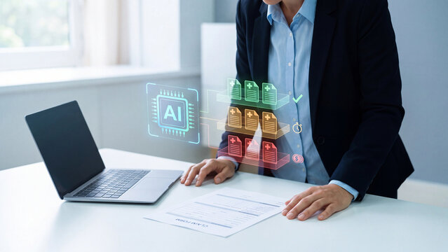 AI insurance claim processing concept, businesswoman with laptop and claim form using AI chip to sort medical claim document into approved, pending and payment trays for healthcare billing