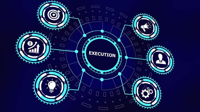 Dynamic digital interface displaying business execution strategy with animated hud corporate growth financial planning metrics, and futuristic technology infographic for presentations