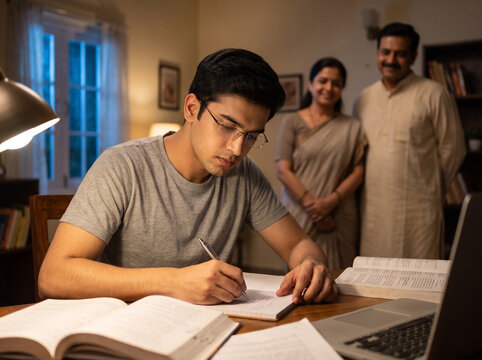 Young Indian Man Studying at Home with Parents in the Background