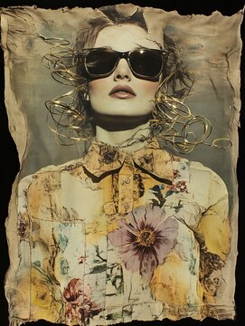 High fashion editorial portrait painting of an extravagant bohemian woman beautifully integrated with vibrant colorful flower prints wild animal textures and surreal krakelee styling