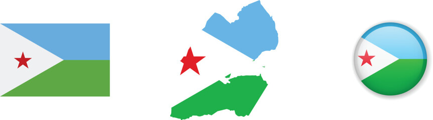 Obraz premium Djibouti flag, map and glossy 3D button in red, blue and green