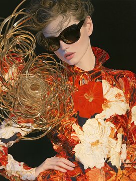 High fashion editorial portrait painting of an extravagant bohemian woman beautifully integrated with vibrant colorful flower prints wild animal textures and surreal krakelee styling
