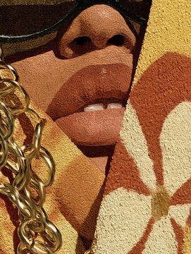 High fashion editorial portrait painting of an extravagant bohemian woman beautifully integrated with vibrant colorful flower prints wild animal textures and surreal krakelee styling