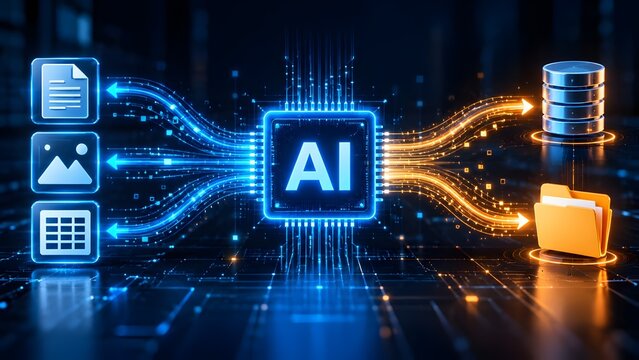 Artificial intelligence microchip routing digital files into database storage representing automated data processing and information management
