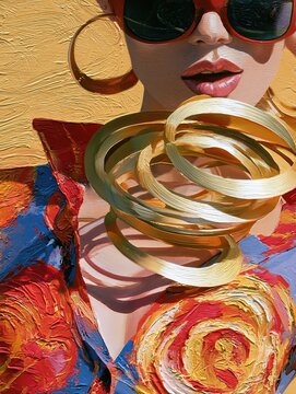 High fashion editorial portrait painting of an extravagant bohemian woman beautifully integrated with vibrant colorful flower prints wild animal textures and surreal krakelee styling