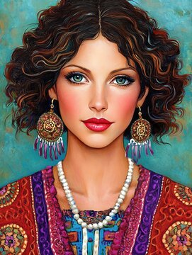 High fashion editorial portrait painting of an extravagant bohemian woman beautifully integrated with vibrant colorful flower prints wild animal textures and surreal krakelee styling