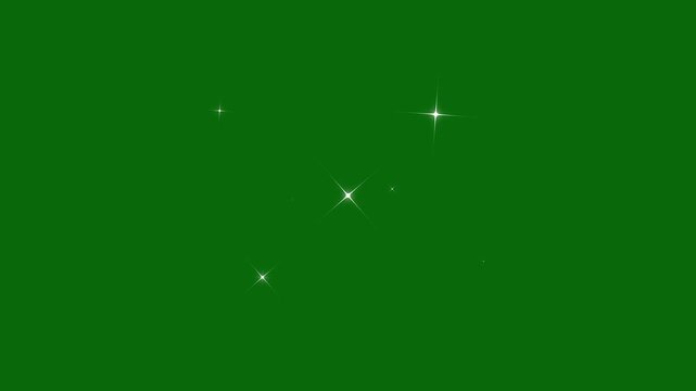 Sparkling star twinkle white cartoon doodle animation, flat vector blinking shining light twinkling effect glowing on transparent green screen background. 4K