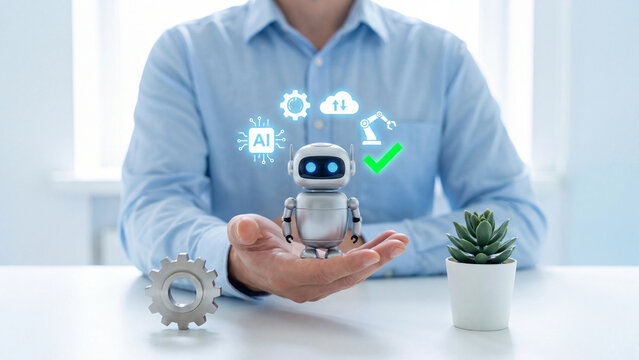 AI robot automation and smart technology concept, man holding robot with AI chip, gear, cloud sync and robotic arm for RPA process automation, autonomous manufacturing and digital transformation
