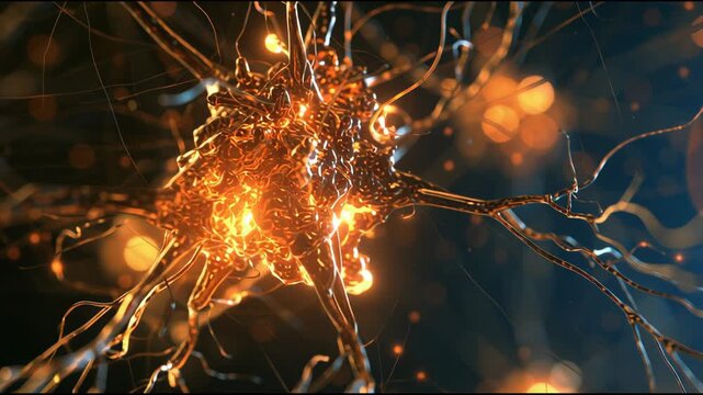 A neuron glows as it connects with others, highlighting the complexity of the neural network against a dark backdrop.