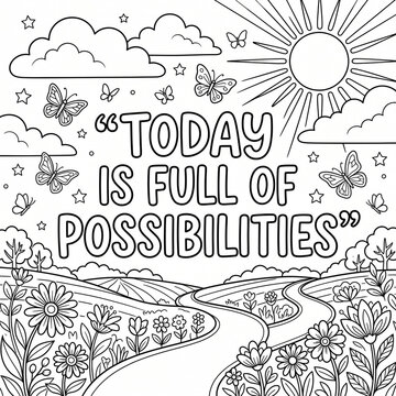 Coloring page with an inspirational quote about possibilities and a nature landscape scene