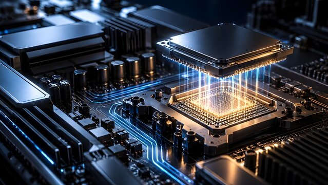 High tech computer processor installation on motherboard with glowing data connection beams representing advanced computing power