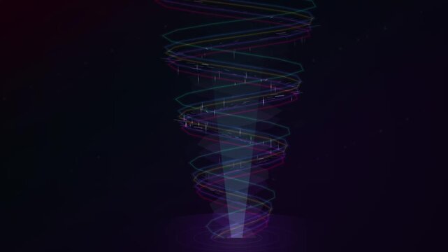 Neon glowing looping tornado rising from dark purple ground