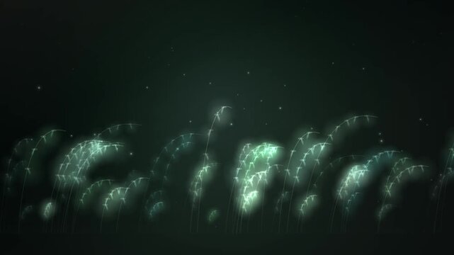 Glowing bioluminescent grass creates a mysterious looping atmosphere with floating particles against a dark background.