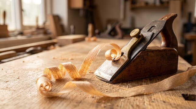 Old fashioned metal wood plane resting on a wooden workbench with curly shavings hand tool woodworking tools carpenter tool manual tool
