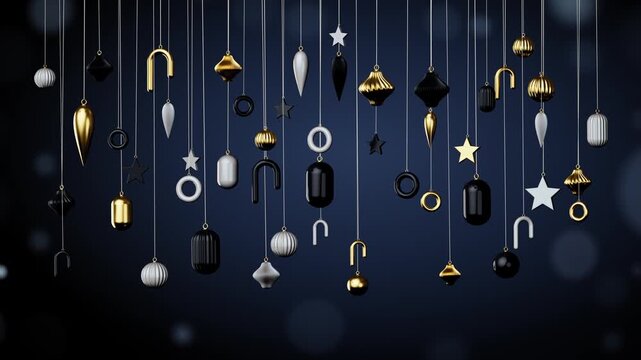 Dark christmas ornaments gently swinging on blue seamless loop
