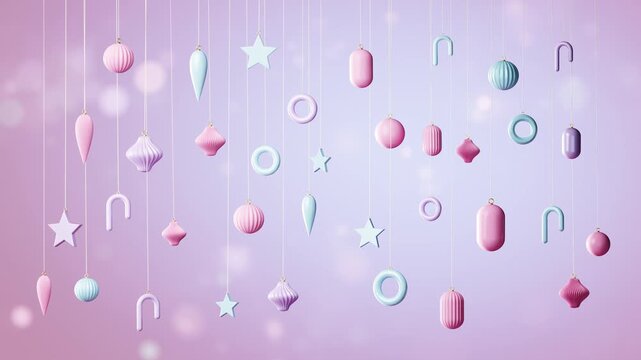 Pastel christmas ornaments gently swinging on purple seamless loop