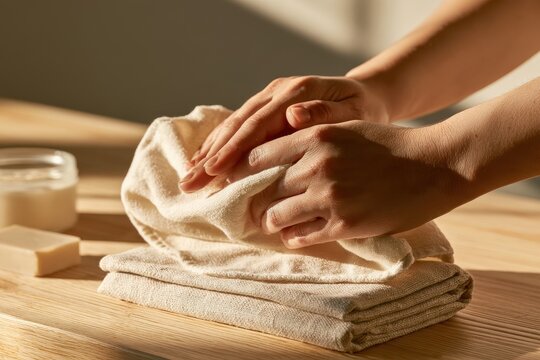 Spa-inspired hand care scene: drying hands and hydrating cream