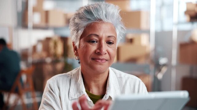 Smile, woman and ecommerce startup with tablet, research and confirm order for stock control. Mature person, review and website in office with digital, inventory availability and catalog for delivery