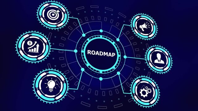 Dynamic digital roadmap infographic animation featuring interconnected business strategy growth charts, target goals, and technological innovation symbols on a sleek, modern dark blue hud interface