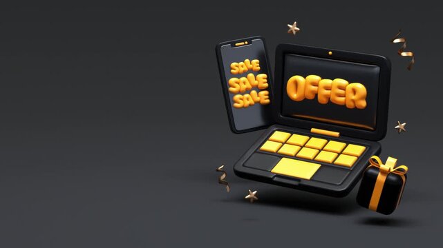 Animated 3d laptop and smartphone showing sale and offer messages. Floating gift box, stars, and confetti on a dark background for promotions