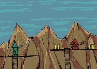 Sketch arcade game level. The picture is painted by hand on a tablet. © neurostructure