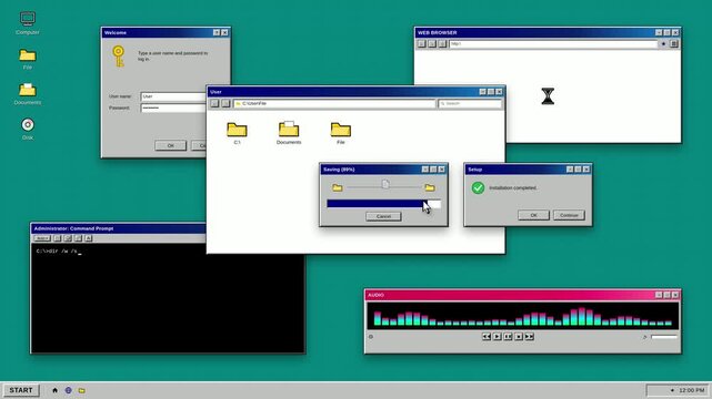 Retro computer operating system user interface with open windows folders and desktop dialog boxes