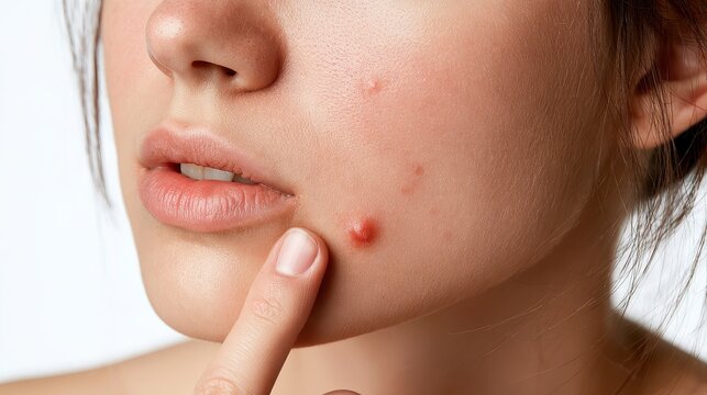 Studio shot focusing on a chin acne blemish with minimal makeup in a neutral setting