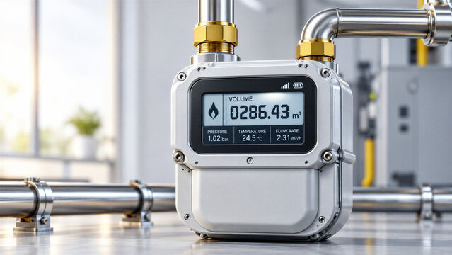 Smart gas meter connected to industrial pipes