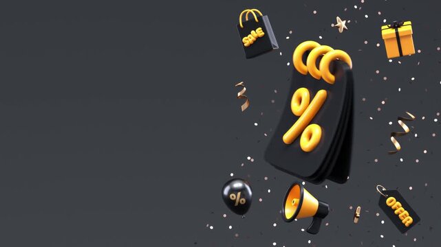 Dynamic black friday promotional animation with a 3d calendar and discount percentage symbol. Shopping bags, gifts, and offer tags float around